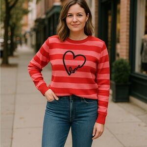 Marled Love Heart Striped Sweater Red Pink Pullover Women’s Medium